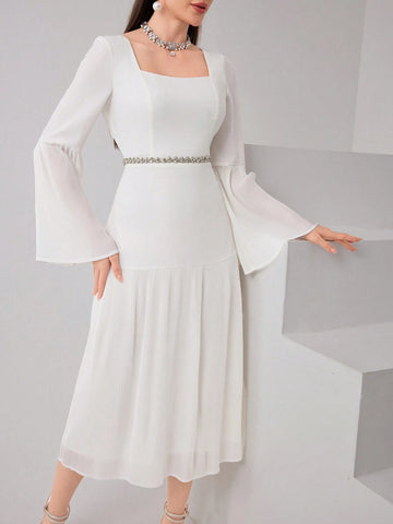 Women's Square Neck Solid Color Bell Sleeve Casual Long Sleeve Dress