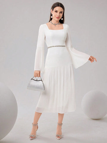 Women's Square Neck Solid Color Bell Sleeve Casual Long Sleeve Dress