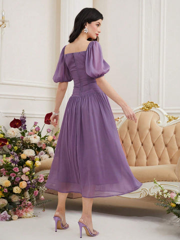 Women's Square Neckline Ruched Short Puff Sleeve Dress
