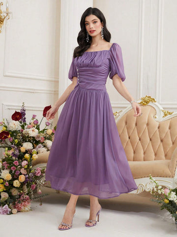 Women's Square Neckline Ruched Short Puff Sleeve Dress