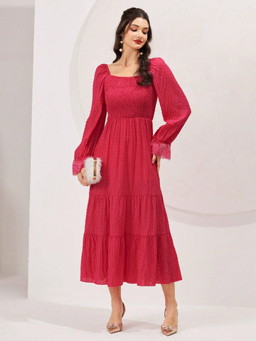 Women's Square Neckline Shirred Dress With Flared Sleeves