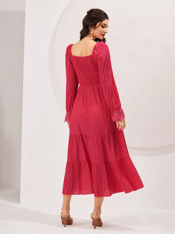 Women's Square Neckline Shirred Dress With Flared Sleeves