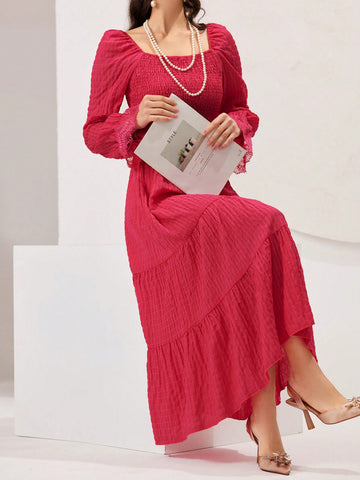 Women's Square Neckline Shirred Dress With Flared Sleeves