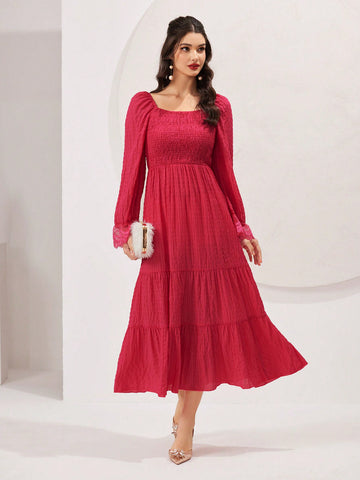 Women's Square Neckline Shirred Dress With Flared Sleeves