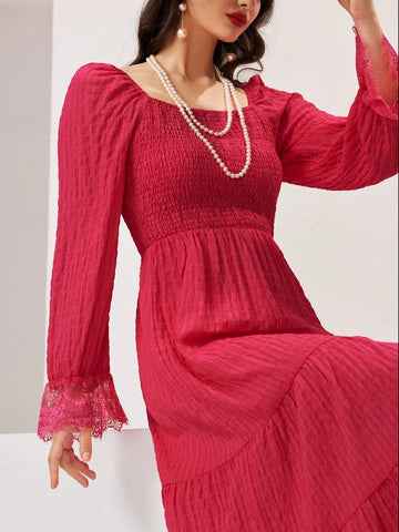 Women's Square Neckline Shirred Dress With Flared Sleeves