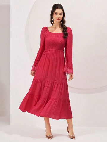 Women's Square Neckline Shirred Dress With Flared Sleeves