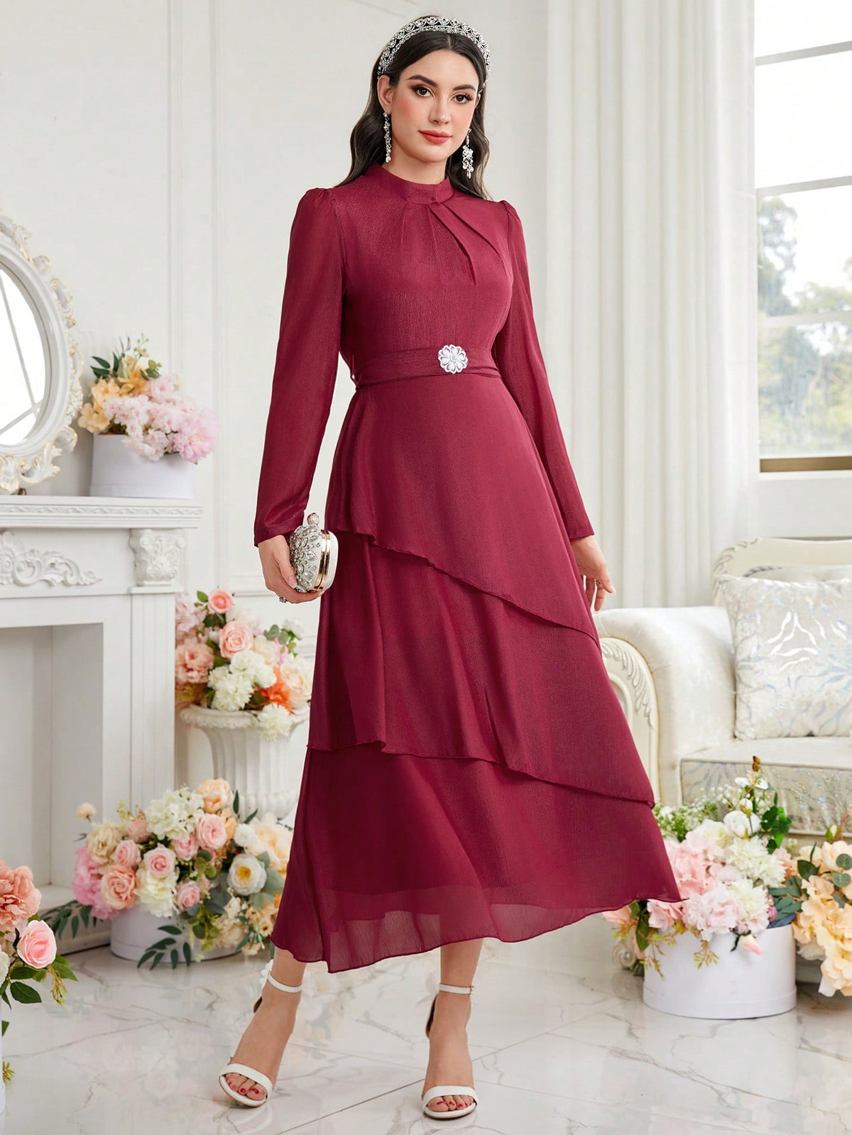 Women's Stand Collar Bubble Sleeve And Elastic Waistband Dress