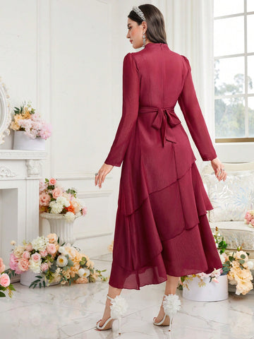 Women's Stand Collar Bubble Sleeve And Elastic Waistband Dress