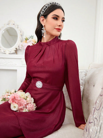 Women's Stand Collar Bubble Sleeve And Elastic Waistband Dress