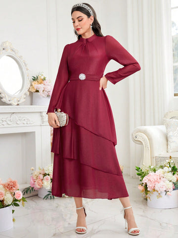 Women's Stand Collar Bubble Sleeve And Elastic Waistband Dress