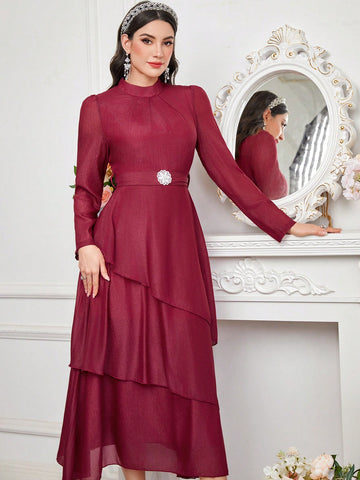 Women's Stand Collar Bubble Sleeve And Elastic Waistband Dress