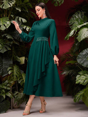 Women's Stand Collar Lantern Sleeve Dress With Ruffle Trim Patchwork