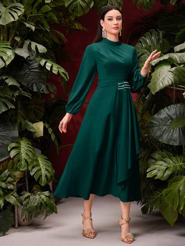 Women's Stand Collar Lantern Sleeve Dress With Ruffle Trim Patchwork