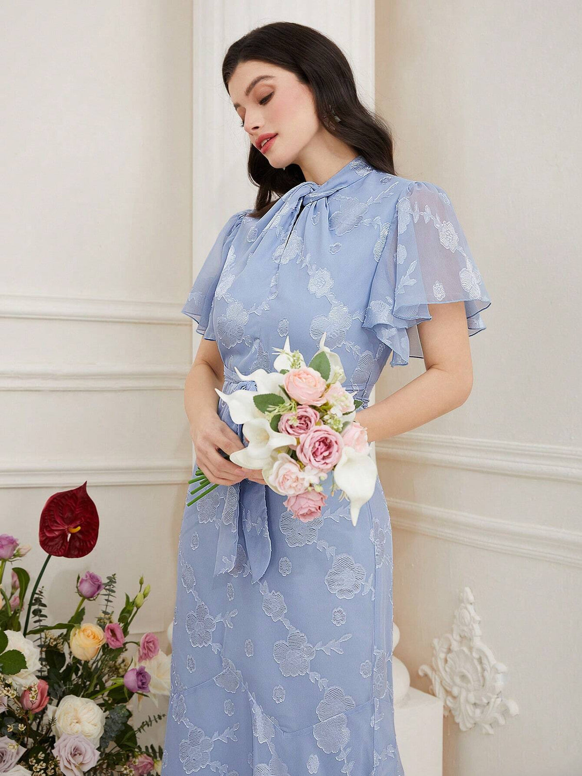 Women's Stand Collar Ruffle Short Sleeve Mermaid Hem Dress