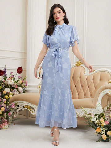 Women's Stand Collar Ruffle Short Sleeve Mermaid Hem Dress