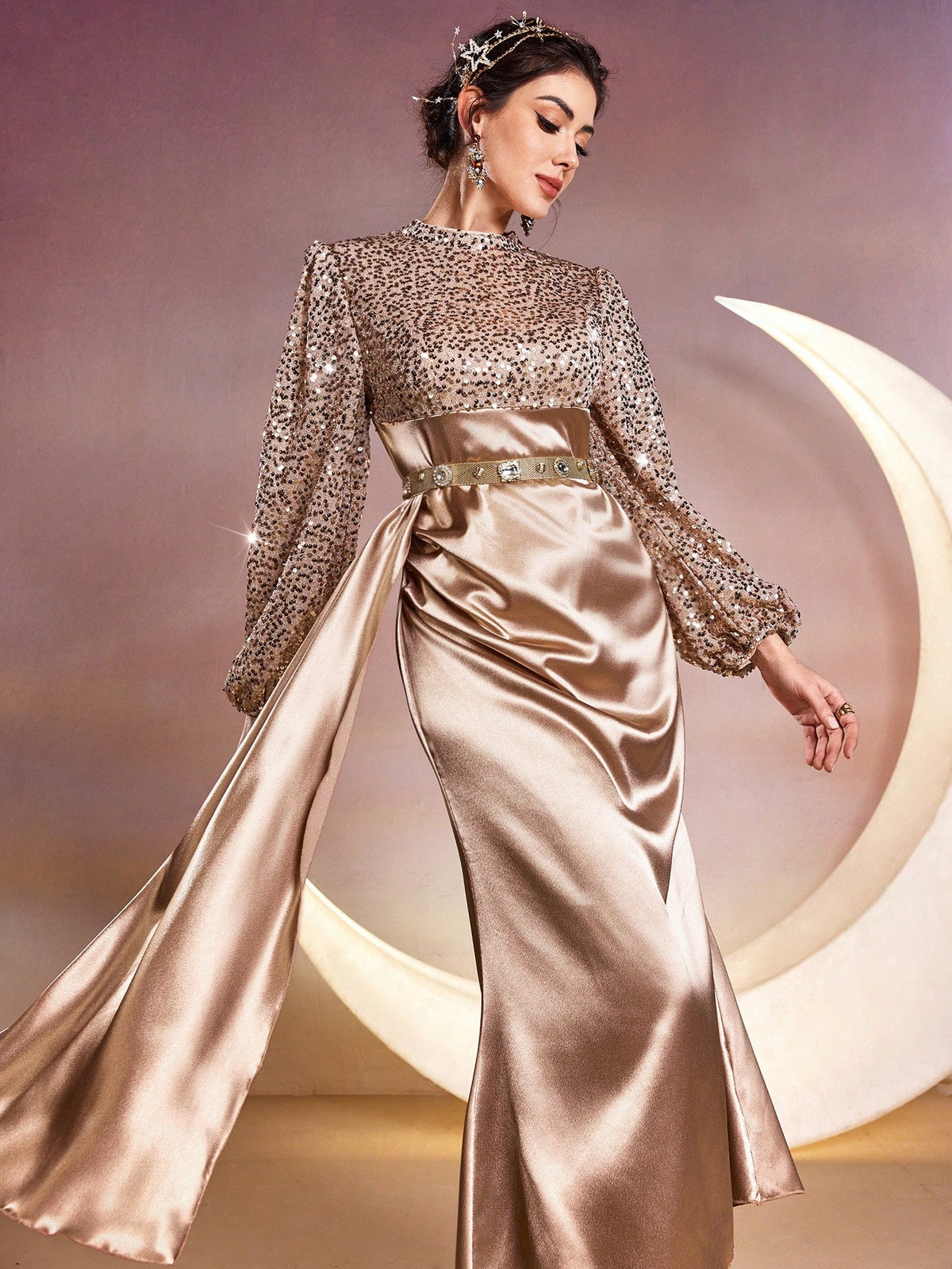 Women's Stand Collar Sparkly Lantern Sleeve Dress