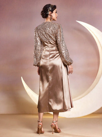 Women's Stand Collar Sparkly Lantern Sleeve Dress