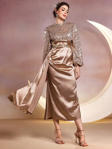 Women's Stand Collar Sparkly Lantern Sleeve Dress