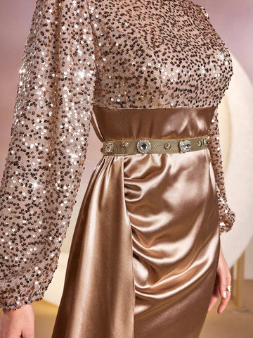 Women's Stand Collar Sparkly Lantern Sleeve Dress