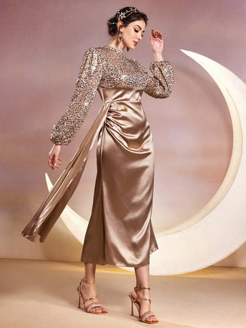 Women's Stand Collar Sparkly Lantern Sleeve Dress