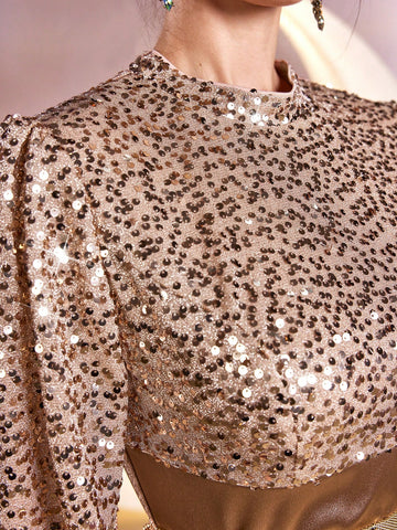 Women's Stand Collar Sparkly Lantern Sleeve Dress