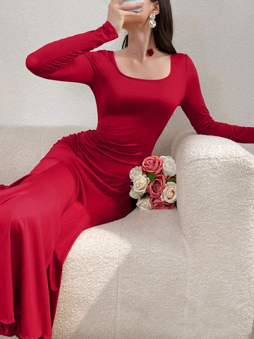 Women's Stylish Square Neck Slim-Fit Pleated Party Dress With Long Sleeves