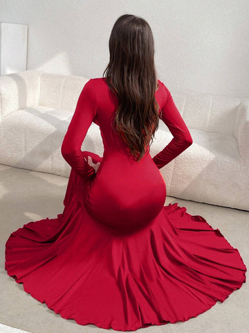 Women's Stylish Square Neck Slim-Fit Pleated Party Dress With Long Sleeves