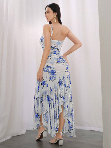 Women's Summer Asymmetrical Hem Floral Print One Shoulder Sleeveless Elegant Dress