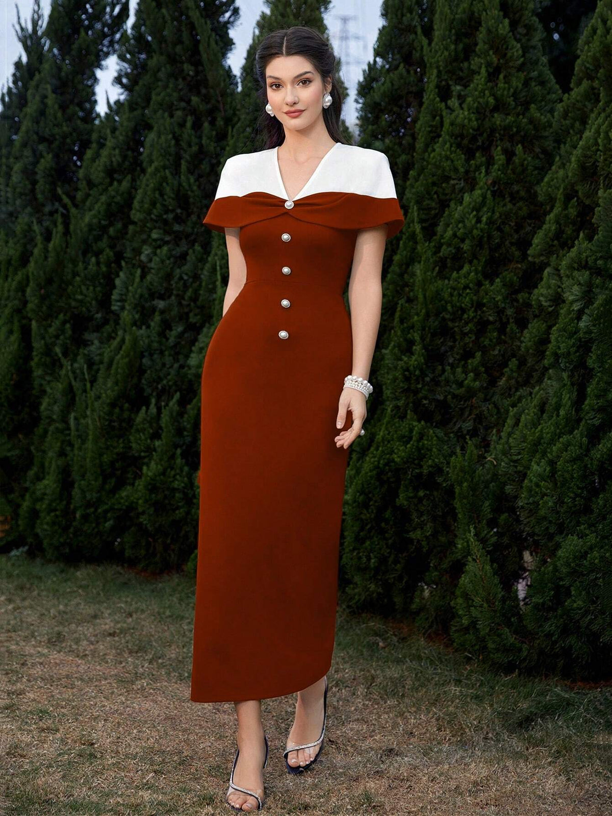 Women's Summer Color Block Button Up Slim Elegant Party Dress