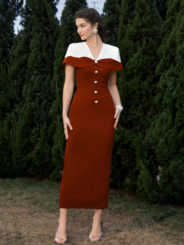 Women's Summer Color Block Button Up Slim Elegant Party Dress
