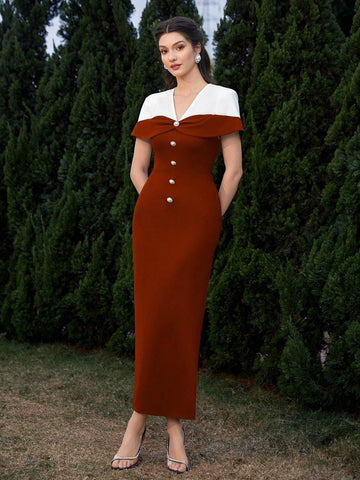Women's Summer Color Block Button Up Slim Elegant Party Dress