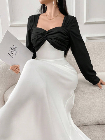 Women's Summer Elegant Bodycon Dress With Twist Front And Contrast Colors, Long Sleeves
