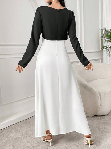 Women's Summer Elegant Bodycon Dress With Twist Front And Contrast Colors, Long Sleeves