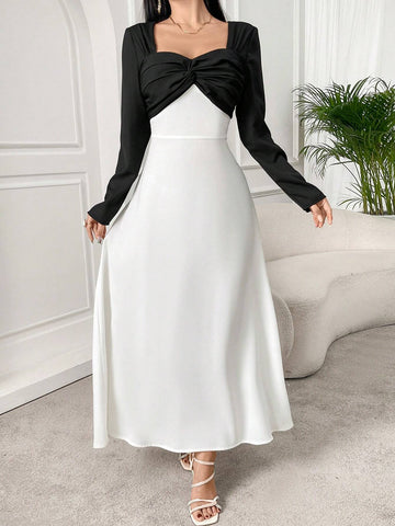 Women's Summer Elegant Bodycon Dress With Twist Front And Contrast Colors, Long Sleeves
