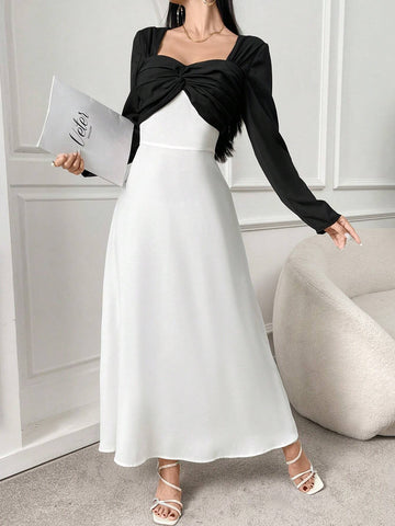Women's Summer Elegant Bodycon Dress With Twist Front And Contrast Colors, Long Sleeves
