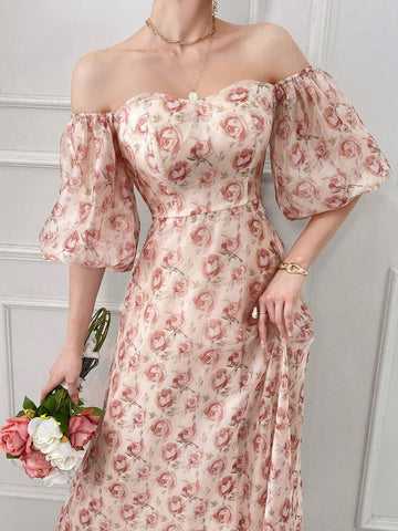 Women's Summer Elegant Floral Allover Print Off Shoulder Lantern Sleeve Dress