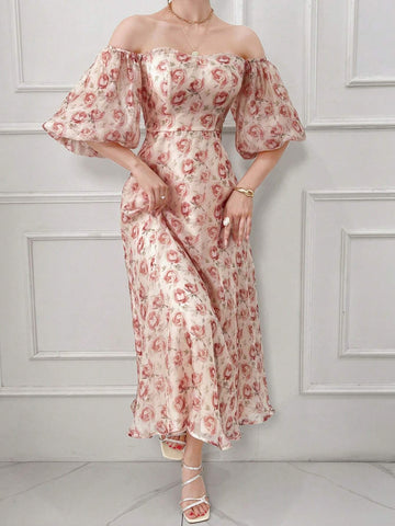 Women's Summer Elegant Floral Allover Print Off Shoulder Lantern Sleeve Dress