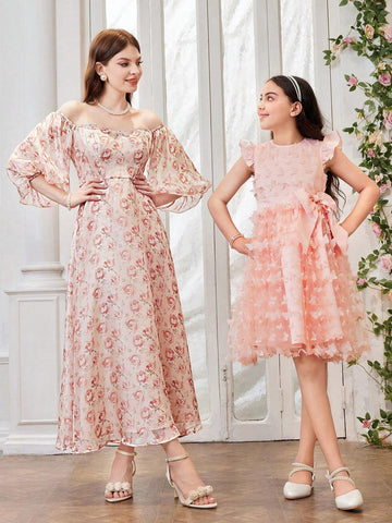 Women's Summer Elegant Floral Allover Print Off Shoulder Lantern Sleeve Dress