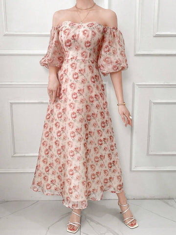 Women's Summer Elegant Floral Allover Print Off Shoulder Lantern Sleeve Dress