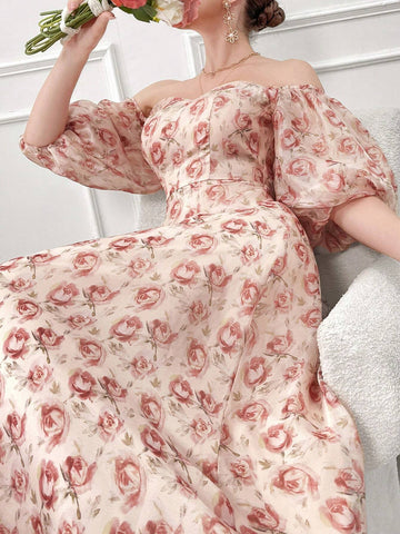 Women's Summer Elegant Floral Allover Print Off Shoulder Lantern Sleeve Dress