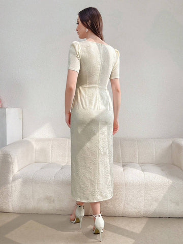 Women's Summer Elegant Floral Jacquard Puff Sleeve Twisted Diamond Neck High Slit Dress