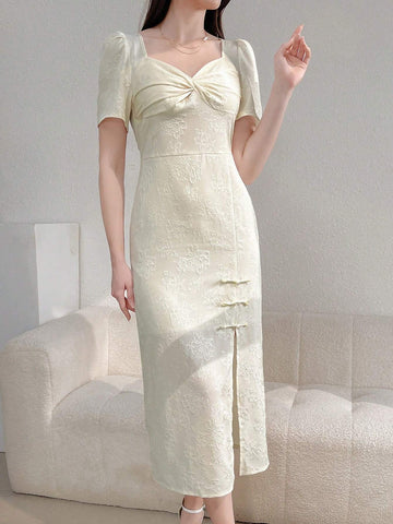 Women's Summer Elegant Floral Jacquard Puff Sleeve Twisted Diamond Neck High Slit Dress