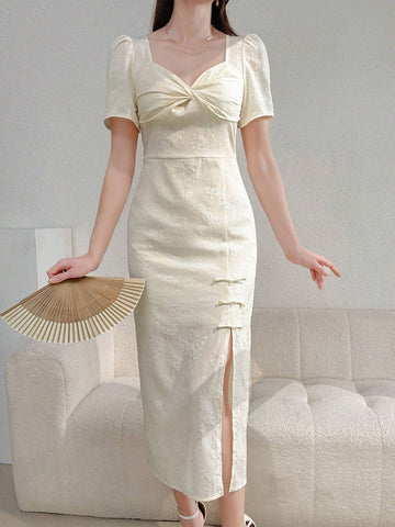 Women's Summer Elegant Floral Jacquard Puff Sleeve Twisted Diamond Neck High Slit Dress