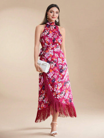 Women's Summer Elegant Flower Print Fringed Decor Strap Wrap Halter Neck Dress