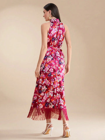 Women's Summer Elegant Flower Print Fringed Decor Strap Wrap Halter Neck Dress