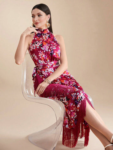 Women's Summer Elegant Flower Print Fringed Decor Strap Wrap Halter Neck Dress