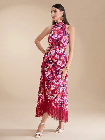 Women's Summer Elegant Flower Print Fringed Decor Strap Wrap Halter Neck Dress
