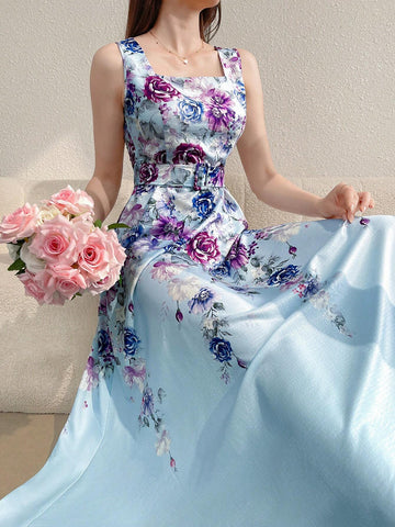 Women's Summer Elegant Flower Printed Sleeveless Dress