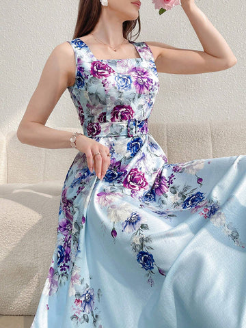 Women's Summer Elegant Flower Printed Sleeveless Dress