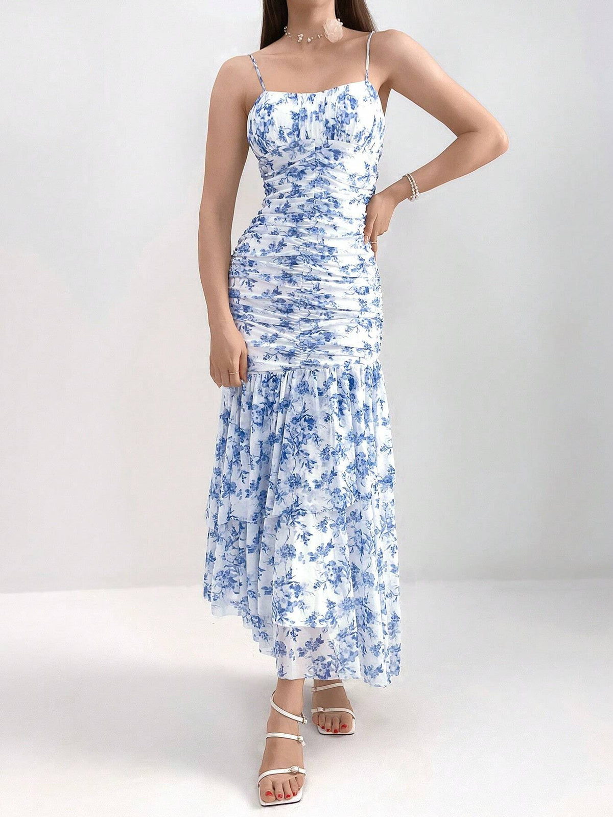 Women's Summer Holiday Ditsy Floral Ruched Slim Fit Dress With Spaghetti Straps